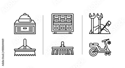 Mixed icons: a snow-covered object, storage drawers, tools for mounting, a broom, a squeegee, and a snowmobile.