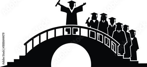 Success concept with graduate student standing on bridge holding diploma over group of students following