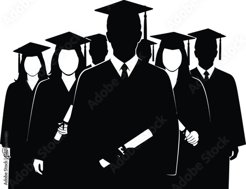 Silhouette of graduating students group standing together with diploma scrolls after university convocation