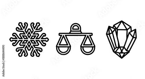 Winter icons: a snowflake, a balance scale, and a cluster of geometric crystals.