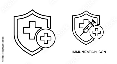 Medical shield with cross and syringe icon set for immunization and healthcare concepts.