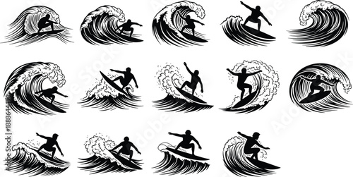 Surfing wave silhouettes set, surfer riding ocean waves, extreme water sport action, summer adventure lifestyle, coastal sport illustration, black white design