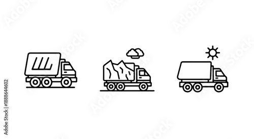 Set of simple truck icons showing different loads and weather conditions: blank cargo, mountains, and sunshine.
