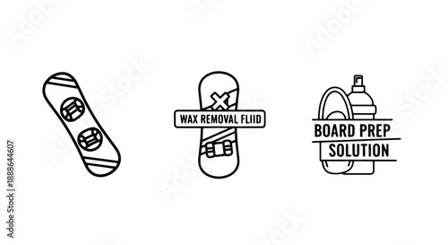 Outline icons for snowboarding equipment and maintenance: snowboard, wax removal fluid, and board prep solution bottle.