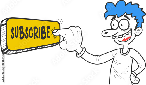 Cartoon Man Pointing to Subscribe Button.