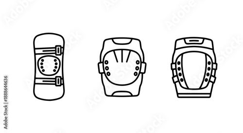 Outline icons for skateboarding and extreme sports protection: snowboard, knee pads, and elbow pads.