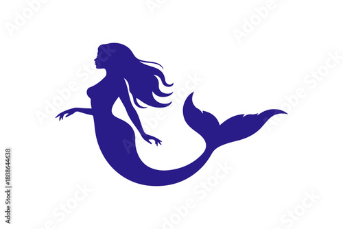 Graceful dark blue mermaid silhouette with flowing hair and elegant fishtail design