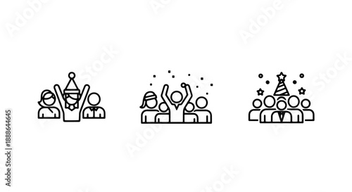 Outline icons of people celebrating: a group with party hats, a crowd with hands raised, and people in suits at a party.