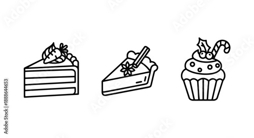 Sweet treat icons in outline style: a slice of carrot cake with cream cheese frosting, a slice of pie with cinnamon, and a festive cupcake.