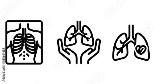Icons related to lung health: a chest x-ray, hands cradling lungs, and lungs with a heart symbol inside.