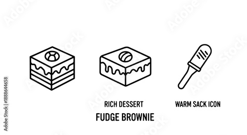 Rich dessert icons in outline: two layered fudge brownies and a serving tool for cake or pastry.