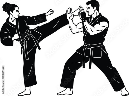 Line art vector side view female martial artist delivering high kick to male sparring partner in gi with focused expression dynamic pose black and white silhouette