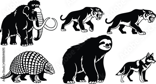 Tattoo flash set of prehistoric and modern mammals including woolly mammoth saber tooth cats armadillo sloth and wolf in bold black silhouette with white line details