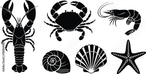 Silhouette vector set showing lobster crab shrimp nautilus scallop fan shell and starfish arranged in flat black icon composition top view coastal motif