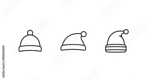 Collection of three simple line art icons representing Santa hats, perfect for Christmas and holiday designs.