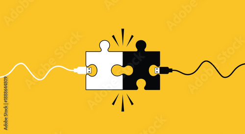 White and black puzzle pieces connecting with USB cables on yellow background USB cables