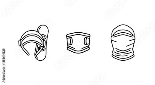 Winter sports gear icons: Snowboard bindings, ski mask, neck warmer for cold weather adventure