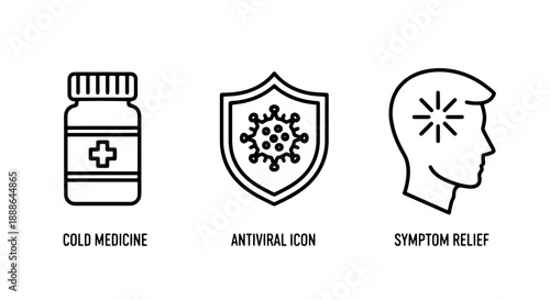 Cold medicine bottle, antiviral shield with virus, and head with symptom relief icons for illness treatment