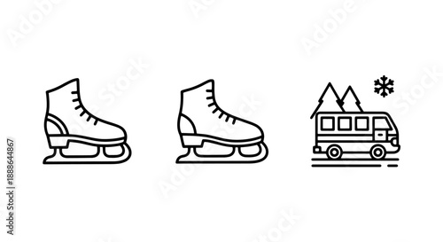 Ice skates and winter bus icon for outdoor winter activities and travel, suggesting cold weather fun