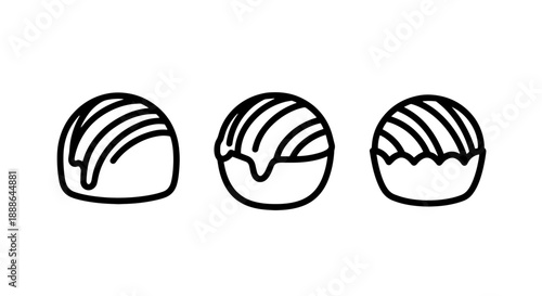 Three chocolates icons: a simple praline, a chocolate with glaze, and a decorative truffle