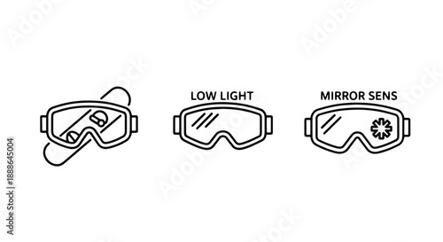 Line icons of ski goggles in various styles: one with reflection, one labeled 'Low Light', and one with a mirror effect.