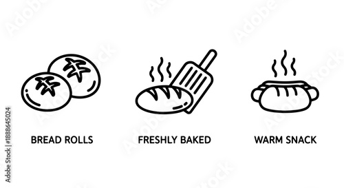 Icons representing baked goods: bread rolls, freshly baked loaf on spatula, and a warm hot dog.