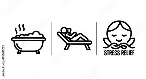 Icons representing relaxation and wellness: bubbling bath, person lounging on a deck chair, and 'Stress Relief' face with lotus.