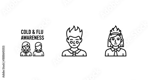 Icons related to cold and flu awareness: concerned couple, person with spiky hair, and person with flame on head.