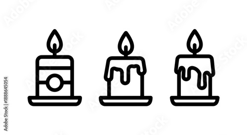 Simple line art icons of three lit candles in different styles, symbolizing warmth and ambiance.