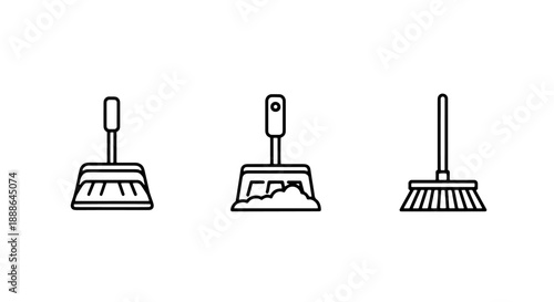 Outline icons for cleaning tools: dustpan, dustpan with dirt, and a broom.