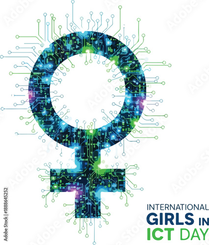 A colorful, circuit-like graphic representing a female symbol on a white background, celebrating International Girls in ICT Day with vibrant blue, green, and purple hues. Perfect for