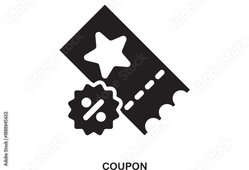 Black graphic icon representing a coupon with a star and a discount percentage symbol, isolated on a white background.