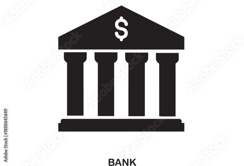 Black vector graphic icon of a classical bank building with columns and a dollar sign, symbolizing finance and money services.