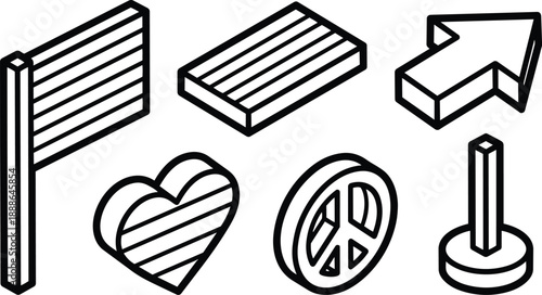 Isometric line art set of six outlined icons including striped flag plank arrow heart peace coin and post shown in bold stroke perspective clean vector
