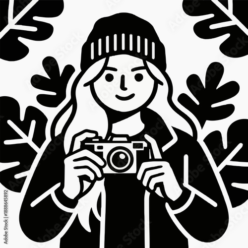 Young Woman Photographer with Camera - Black & White Illustration