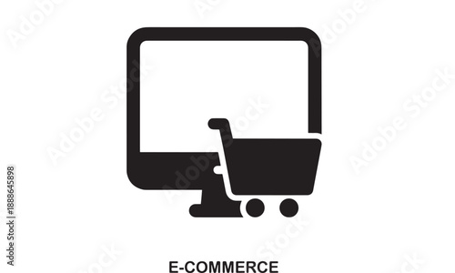 Black silhouette of a computer monitor with a shopping cart icon overlaid on screen representing online shopping and e-commerce business concepts.