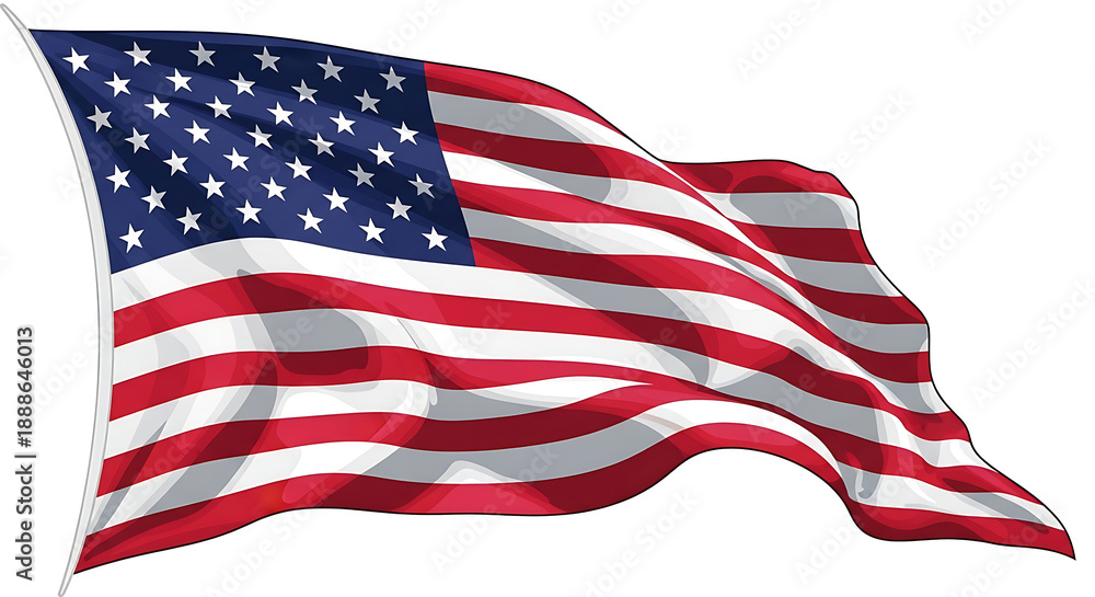 Fototapeta premium A patriotic illustration of the american flag waving with red, white, and blue colors isolated on transparent background