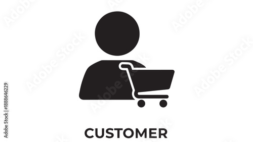 Black outline icon representing a customer with a shopping cart, symbolizing consumerism and retail shopping, flat design on white background