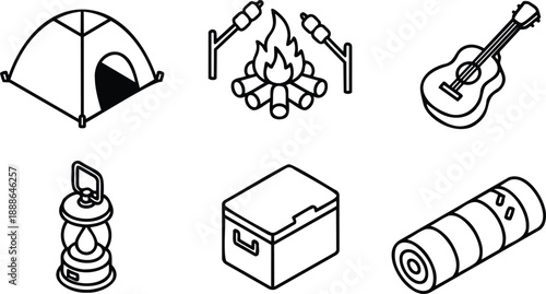Line art camping icons set tent close up front view campfire with skewers roasting guitar acoustic lantern vintage cooler box sleeping bag rolled minimalist outdoor illustration