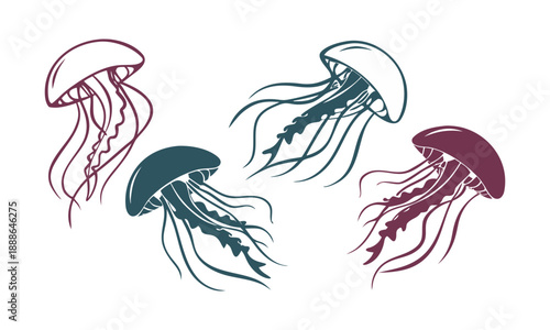 Colorful Jellyfish Icon Set Flat Vector Illustration, easily editable.