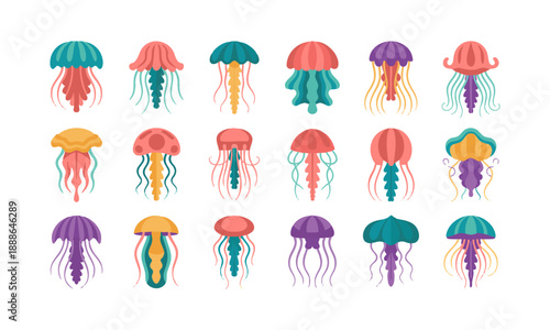 Flat Jellyfish Icons Collection Marine Life Vector Illustration, easily editable.