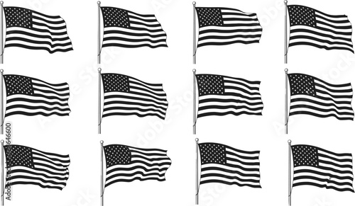 Collection of waving American flags on poles featuring various wind motion ripples and patriotic United States national symbols isolated on white background.