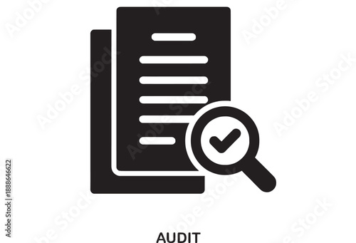 Black flat icon representing an audit with a magnifying glass over documents and a checkmark for verification, symbolizing business inspection and quality control.