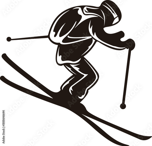 Skier Silhouette Illustration - Downhill Skiing Athlete Action on White Background.
