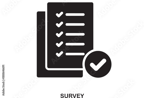 Black icon representing a completed survey with checkmarks on a list and a green checkmark in a circle, signifying success or approval.