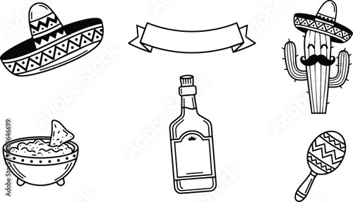 Line art vector set of mexican icons showing sombrero cactus with mustache tequila bottle maraca nachos and ribbon banner in playful hand drawn bold outlines