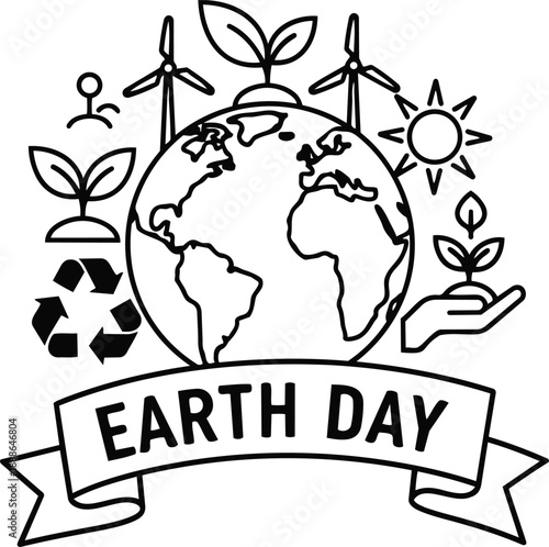 Line art earth day emblem close up globe with hand holding seedling windmills sun recycle ribbon banner centered minimalist vector icon black outline flat design simple