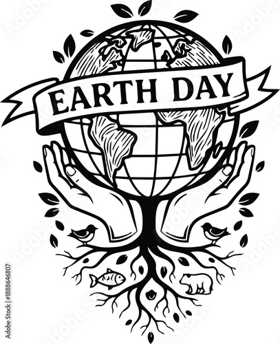 Tattoo flash earth day globe cradled by two hands with visible roots birds fish and mammals banner reading earth day bold line art monochrome hand drawn