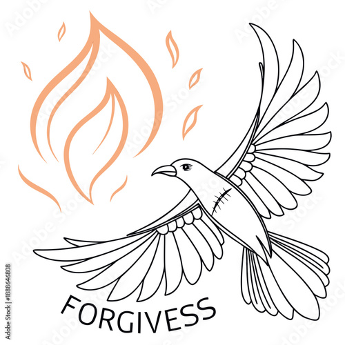 Dove in flight with flame symbolizing forgiveness and freedom