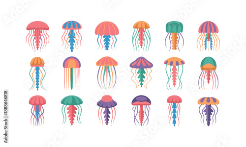 Marine Jellyfish Icons Flat Colorful Vector Set
 Illustration, easily editable.